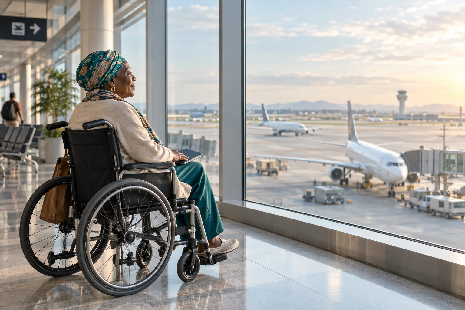 An elderly woman in a wheelchair looking out at airplanes from an airport terminal