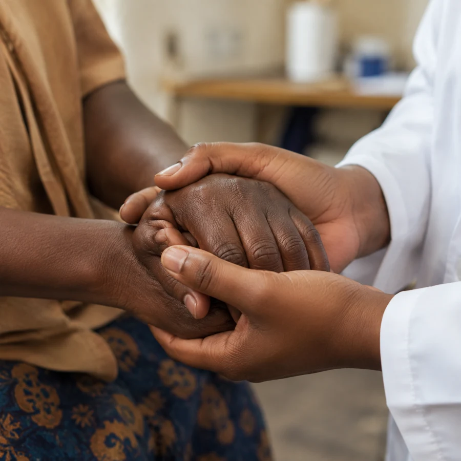 A healthcare professional gently holding a patient's hands