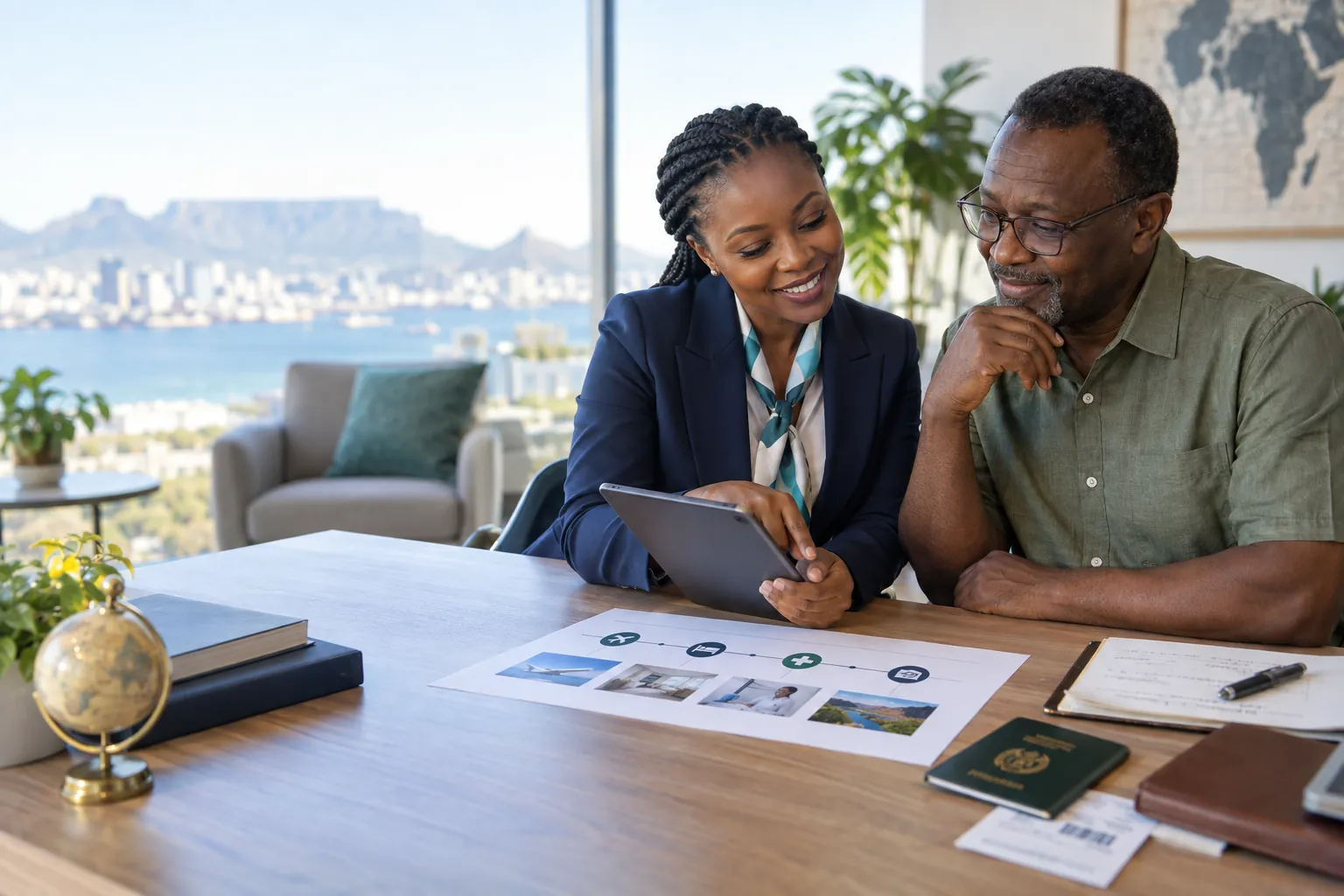 A patient reviewing an international healthcare journey plan with a care coordinator