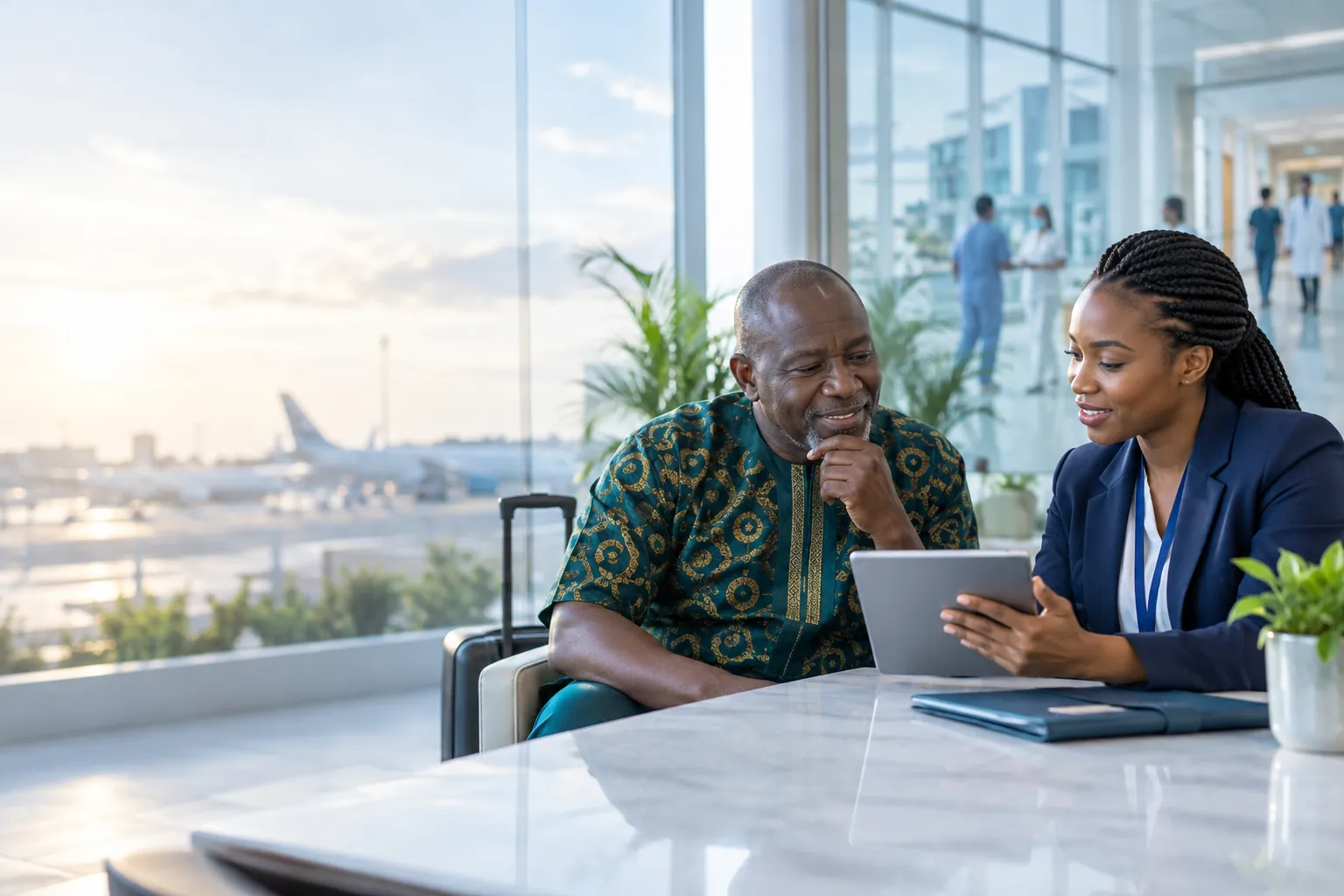 A patient planning a connected international healthcare journey with a care coordinator