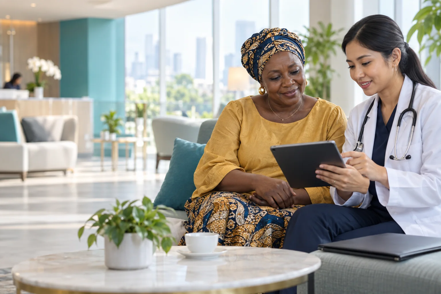 An African patient reviewing healthcare information with a Southeast Asian doctor abroad