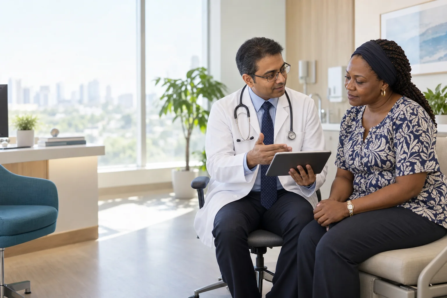 An Indian specialist explaining medical information to an African patient abroad